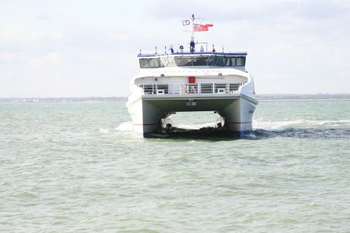 Catamaran ferry approaching port at Fisbourne
