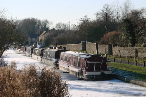 Narrowboat in winter at Thrupp, Oxfordshire