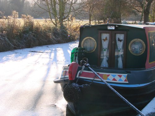 Winter narrowboat at Thrupp, Oxfordshire