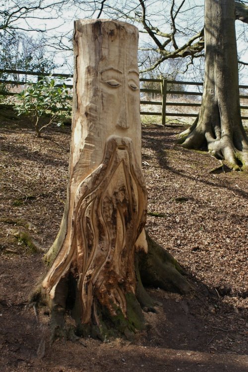 Wooden carving at Old Mother Shipton's Cave.