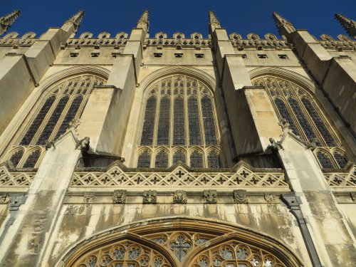 Exterior Close-up: Looking up at the detail of the facade of King's College Chapel, Cambridge