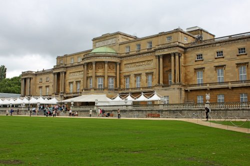 General view of the rear facade of Buckingham Palace