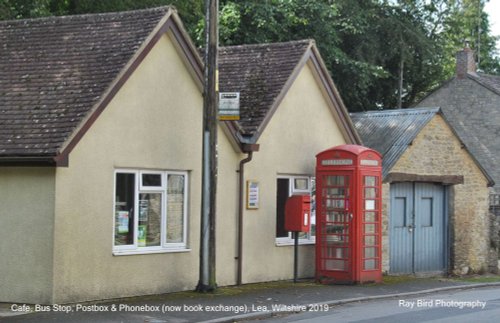 Cafe, Bus Stop, Postbox & Phonebox (now book exchange), Lea, Wiltshire 2019