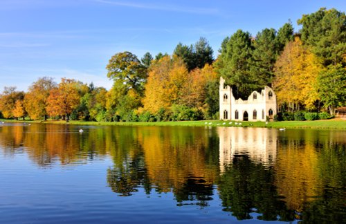 Autumn View of the Ruined Abbey in Painshill Park, Cobham, Surrey
