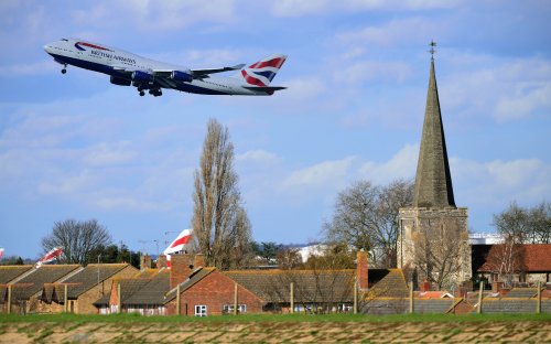 Boeing 747 Jumbo Jet Leaving Heathrow Via St Mary's Church at Stanwell