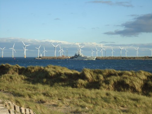 Warship HMS Endevour entering River Tees