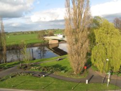 Elevated view of the river severn and bridge at Upton upon Severn, Worcestershire.