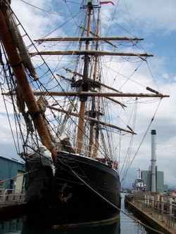 Southwick dock, Part of Shoreham Harbour, looking East; Shoreham Power station in distance