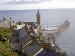 The clock tower and pier at Porthleven in South Cornwall