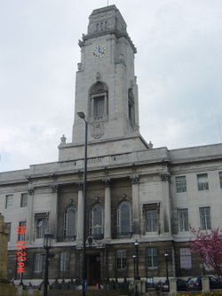 Barnsley, South Yorkshire. Town hall in the full bloom of summer.