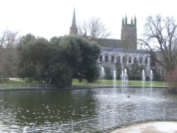 Jephson Gardens (foreground) and All Saints Church (background), Leamington Spa, Warwickshire