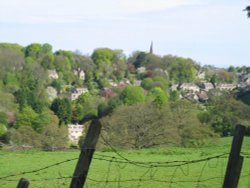 The beautiful village of Bisley from a distance. In the Cotswolds