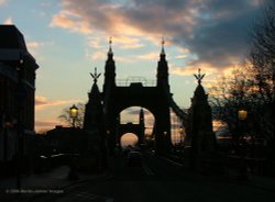 London River Thames Hammersmith Bridge at sunset, New Year's day 2006.