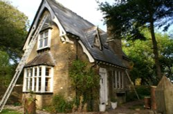 Front view of Trelawne Manor gate house.