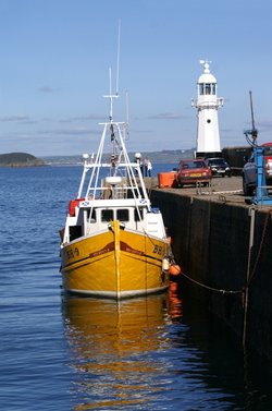 Fishing boat tied up at the harbour wall.