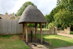 An attractive thatch-roofed pump in Main Street, Fringford