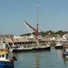 Thames barge 'Greta' coming in to harbour as the tide turns. Whitstable, Kent