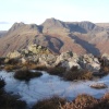 Langdale Pikes with frozen pool on Lingmoor Fell in the foreground.
