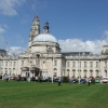 Cardiff city hall fronted by its lawn