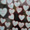 Valentine messages in charity shop window.  Stockton on Tees, Cleveland.