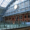 Station clock and statue, St Pancras, Greater London