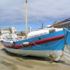 The old lifeboat stranded at low tide in St Ives harbour.