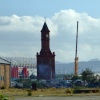 Clocktower and crane on the banks of the Tees