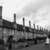 Choristers cottages in black and white.