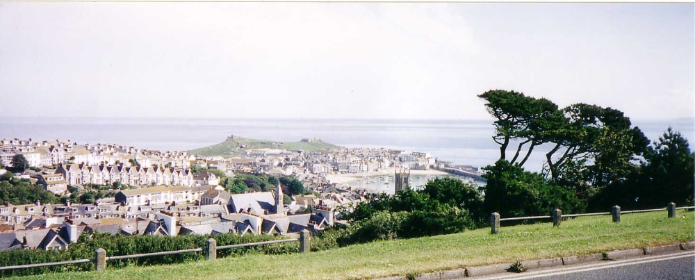 A view of St Ives from a high point behind the town.