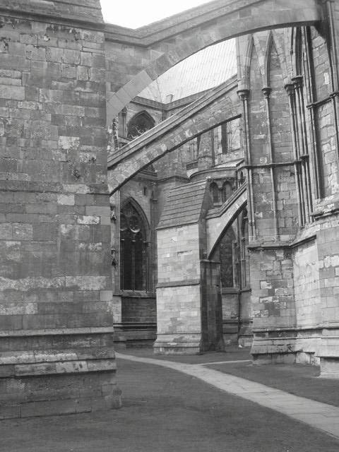 Black and white picture of part of the Lincoln Cathedral