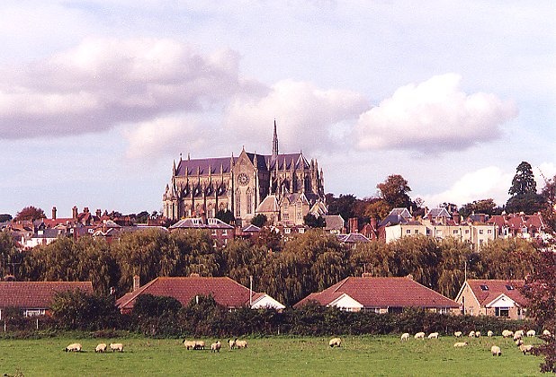 View of the cathedral in Arundel from the valley below.