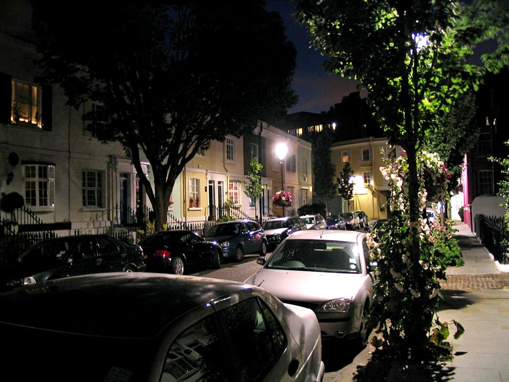 A quiet South Kensington street on a summer night