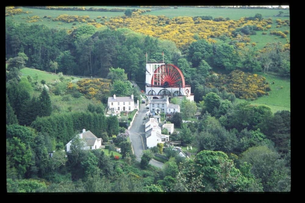 Photograph of Laxey Wheel from the Snaefell Mountain Railway