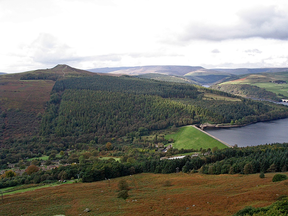 Ladybower, Winhill Plantation and Win Hill, seen from Bamford Edge
