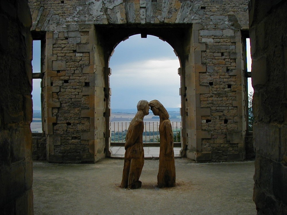 Photograph of Interior Bolsover Castle with sculpture, facing terrace