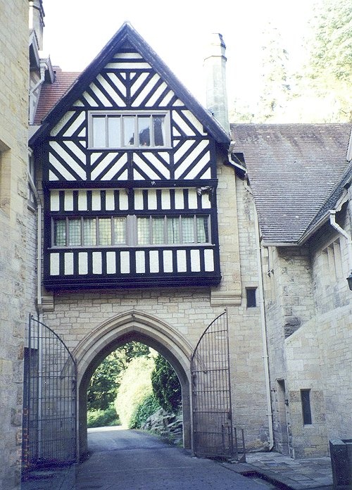 View from inside Cragside's inner courtyard looking back down the entrance road