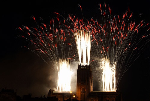 Liverpool Anglican Cathedral, 100 year celebration- firework display (in 2004) photo by John La Niece