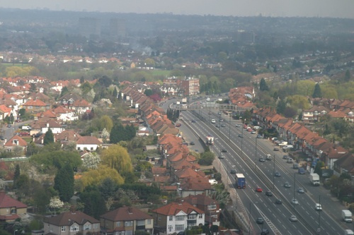 View from Tolworth tower looking towards new malden following the A3