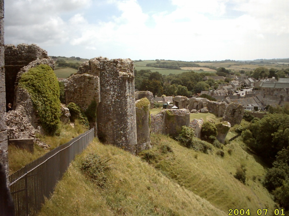 Looking back at gate and village from Corfe Castle, Dorset