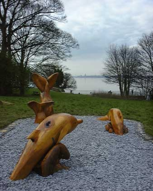 Sea Life Sculpture Eastham Country Park looking over the Mersey