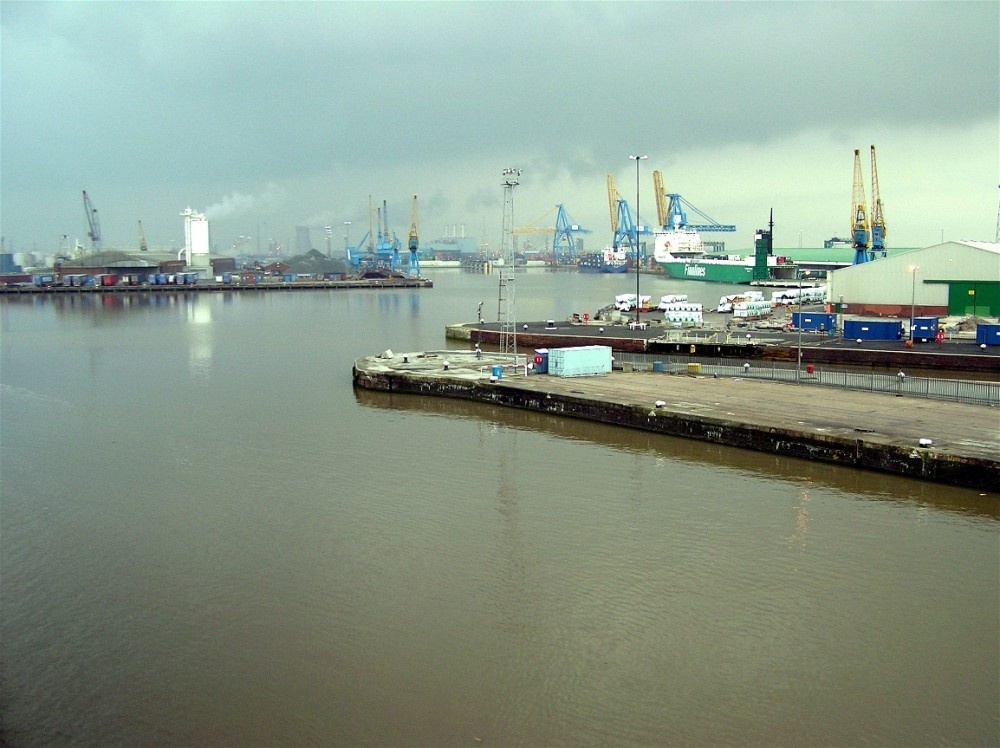 St George's Dock, Kingston upon Hull, viewed from the deck of the P&O ferry 'Pride of Bruges'
