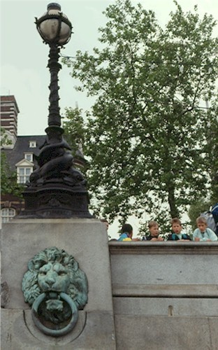 Victoria Embankment, near Westminster, from a boat in the Thames, London