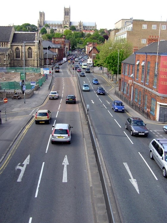 View along Broadgate from the footbridge, looking towards Lincoln Cathedral