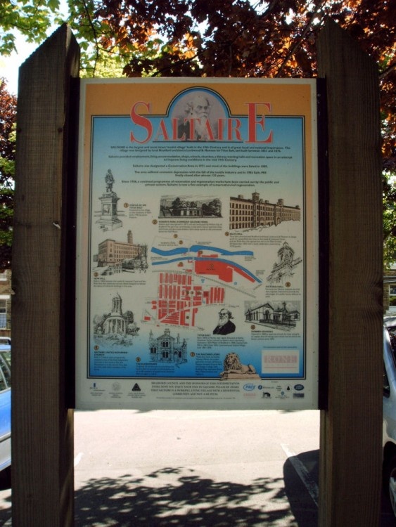 Notice board at Saltaire Mills giving a brief history of the area.
