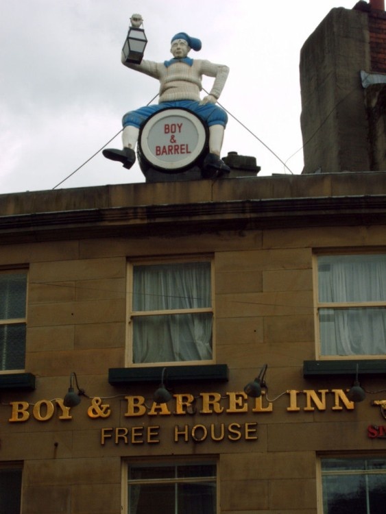 Boy and Barrel Sign above the Boy and Barrel Inn, Huddersfield.