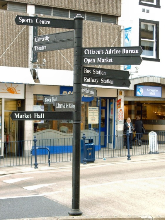 Which way now? A sreet sign in the centre of Huddersfield.