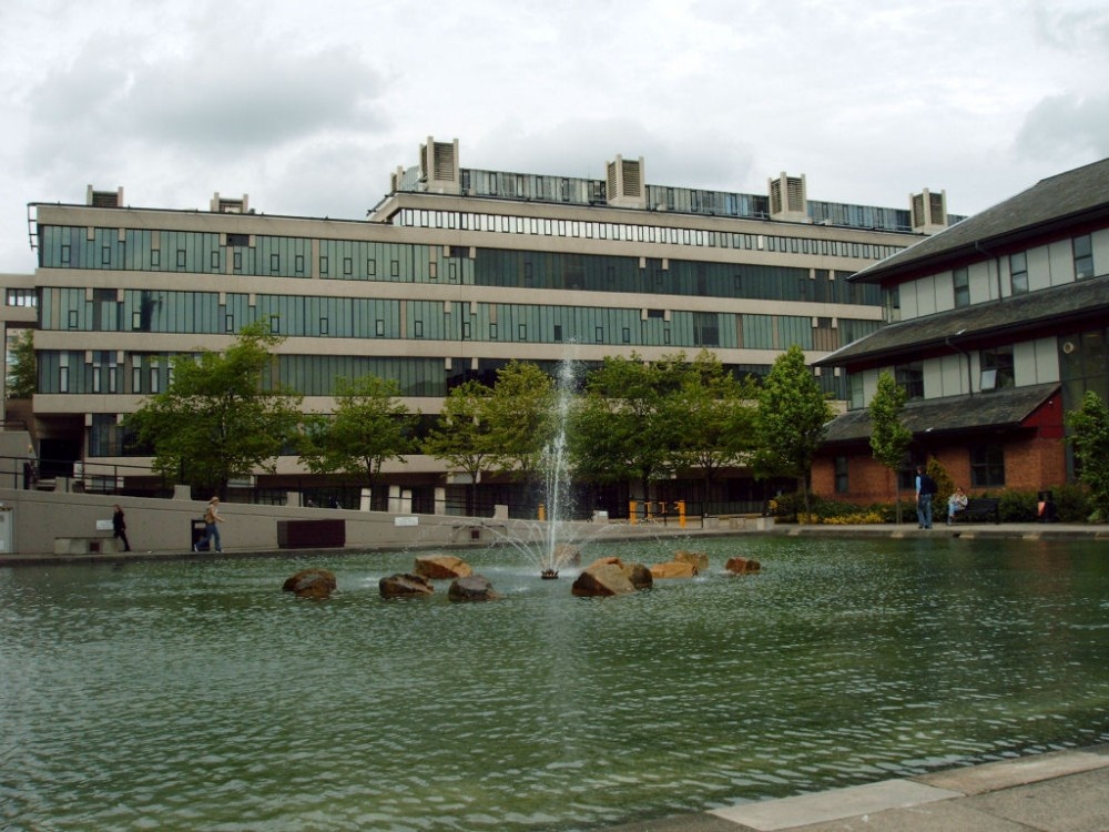 Looking across the Lake and Fountain towards the E.C. Stoner Building, Leeds University.