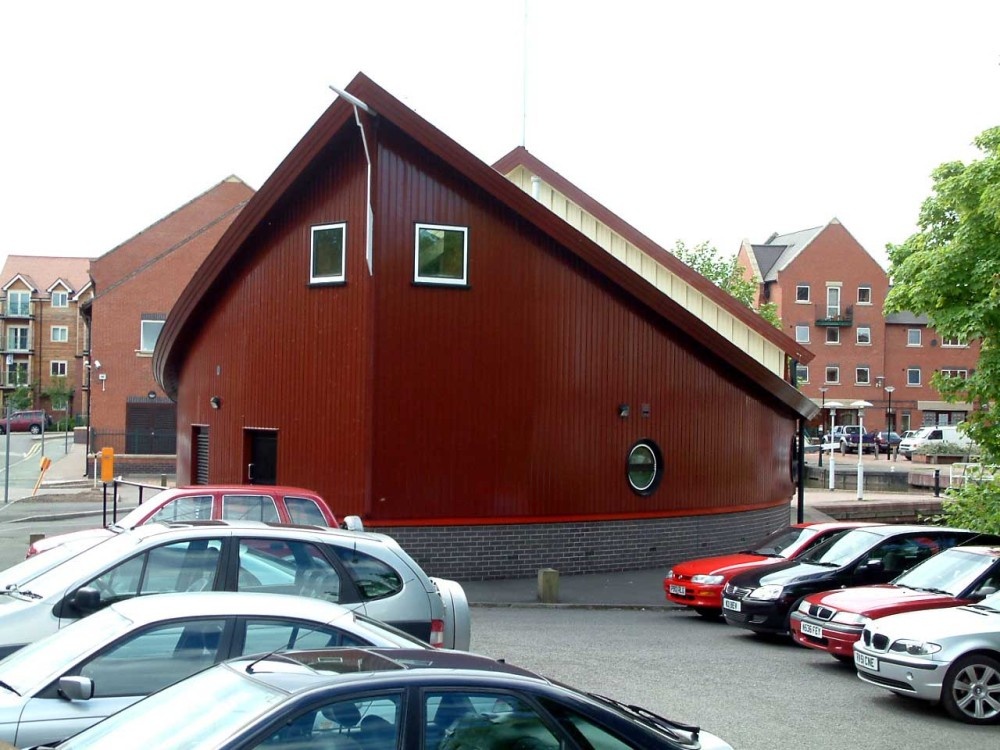 Scout hut, in the old port area, Chester, built to the shape of a ship.