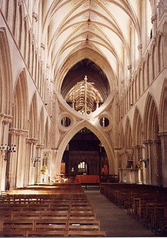 Inside Wells Cathedral showing the scissors arches put in place from 1338-1348