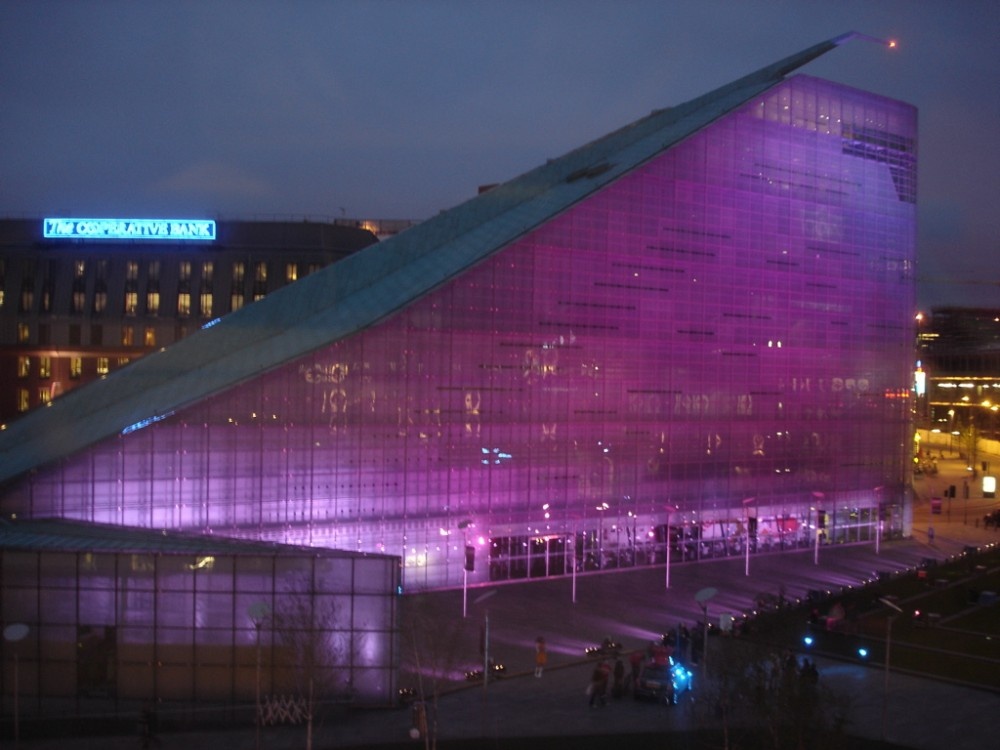Purple lit Urbis in Manchester photo by Mike Chidell